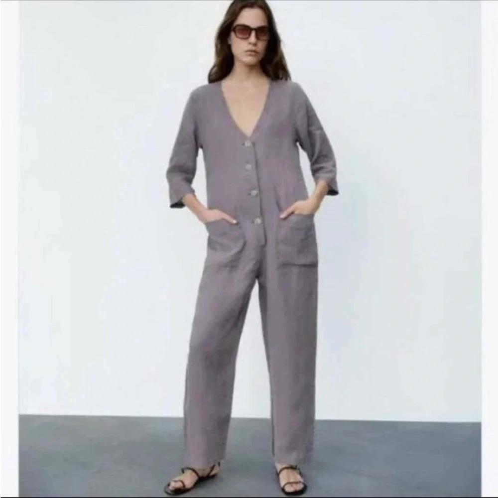ZARA Lillian Gray Linen Jumpsuit Button-Down Linen Romper Women’s Size Medium